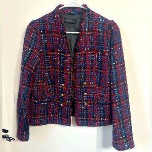 Talbots tweed red blue blazer with metallic detail gold buttons sz 10 gorgeous!